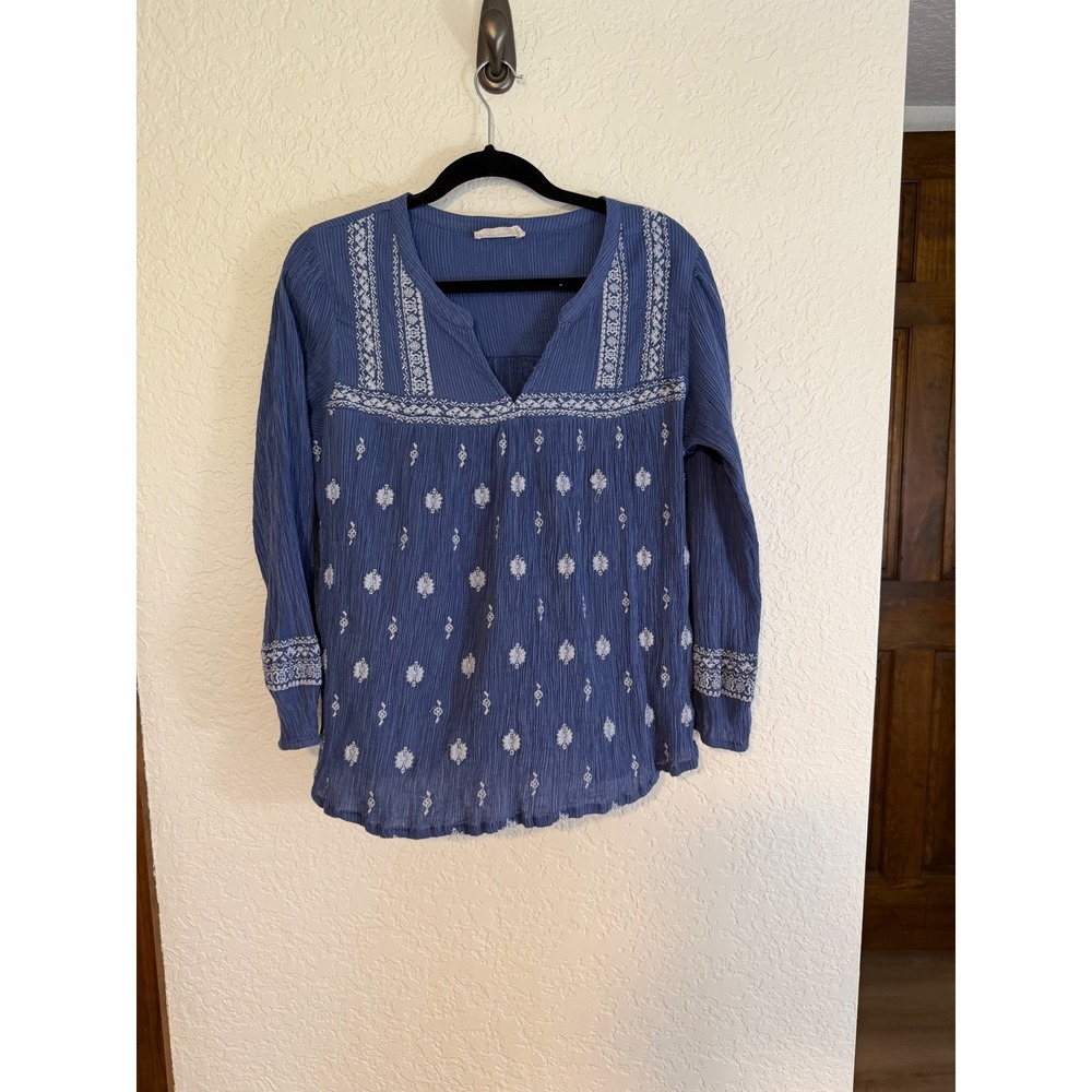 Lucky Brand Embroidered Peasant Top Blue L Womens Popover Boho Gauze Blouse - Picture 8 of 14